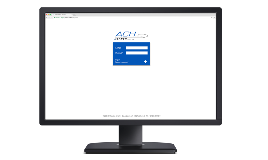 Monitor mit Startseite des Kundenportals von ACH Solution